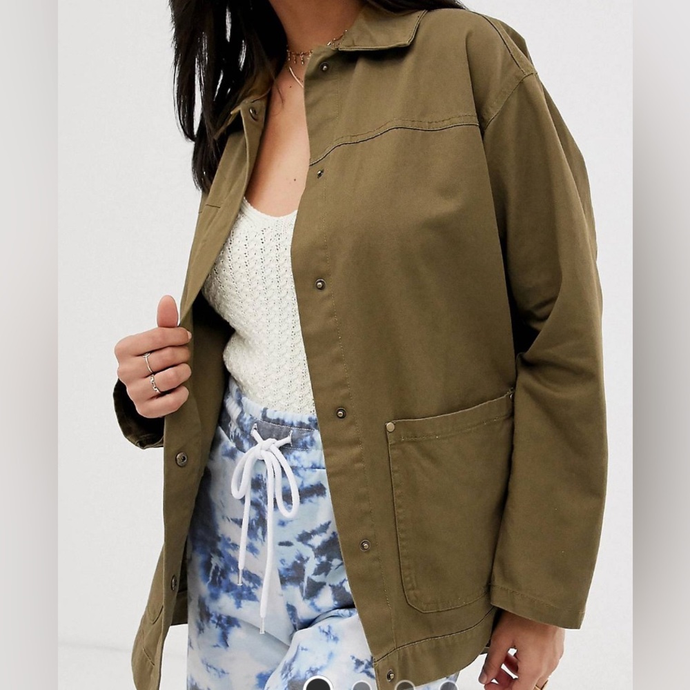 ASOS Brown-Green Snap-Front Washed Cotton Shacket - Size 0